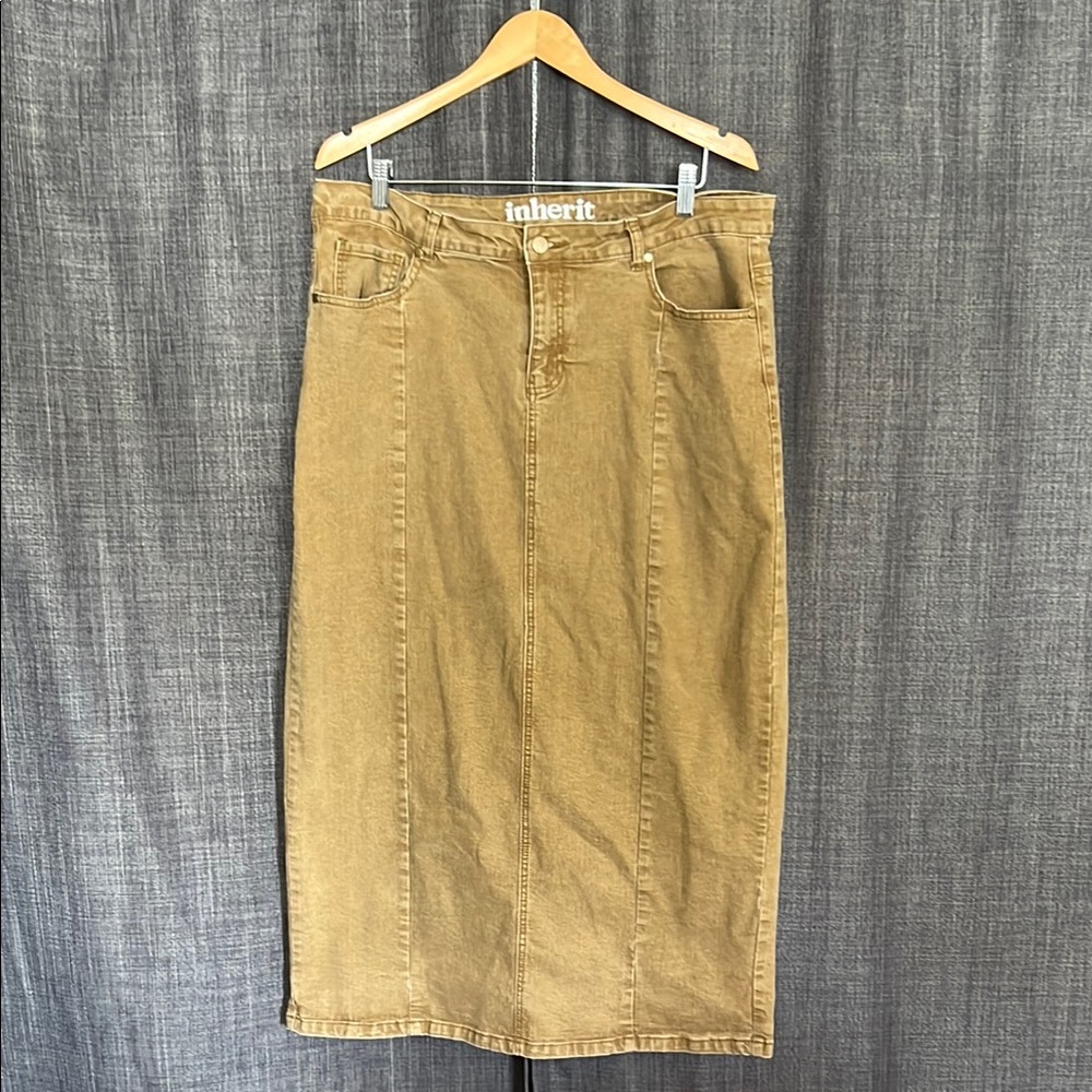 Inherit camel brown denim midi skirt with back slit size XL